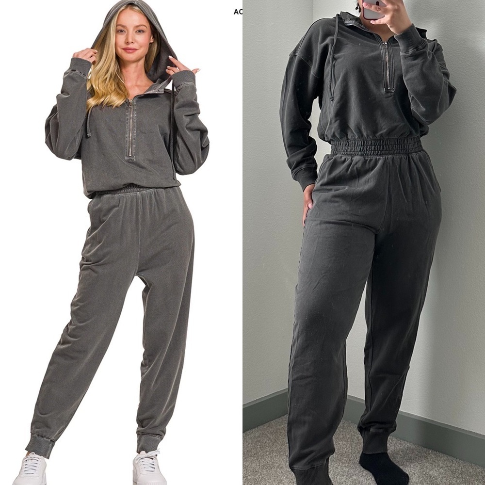 NEW Zenana Ash Black French Terry Cotton Hooded Jogger Jumpsuit Size Medium